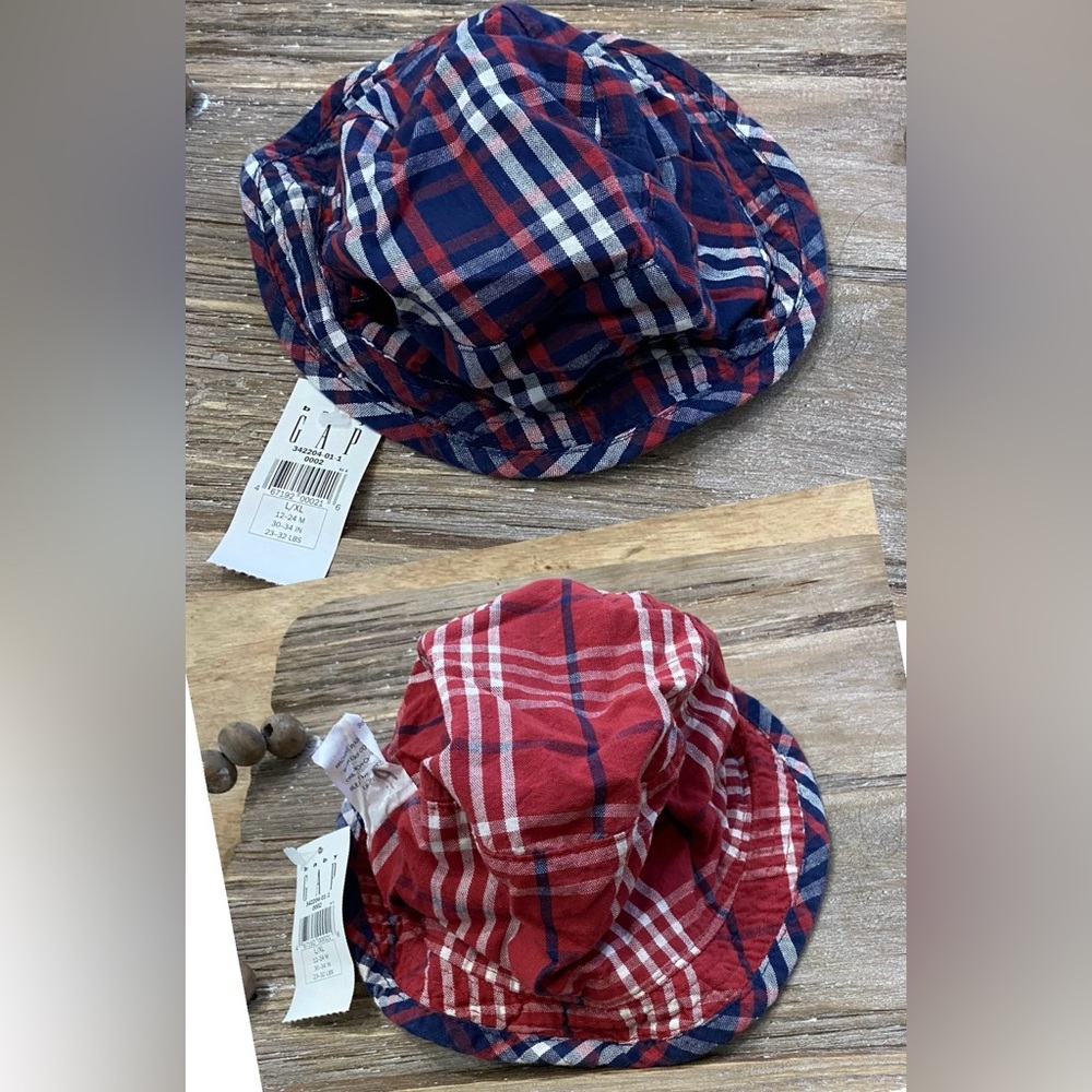 Vintage With‎ Tags Baby Gap Reversible Infant 12-24 Mo Navy/Red Plaid Bucket Hat